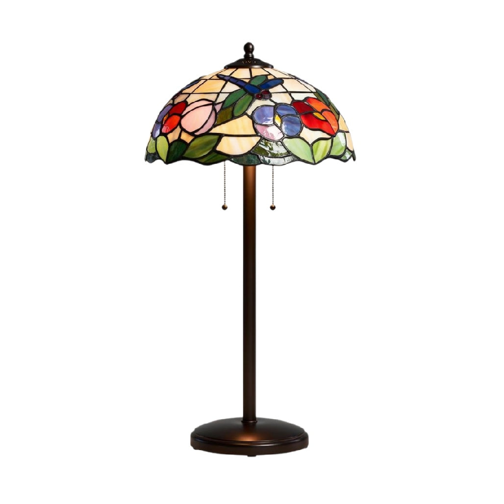**Technische titel in het Nederlands: 'Tiffany-stijl tafellamp met bloemmotief en bronzen voet'**