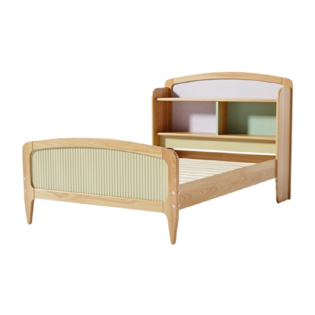 **Technische titel in het Nederlands: Kinderbed met opbergruimte en zachte kleuren**