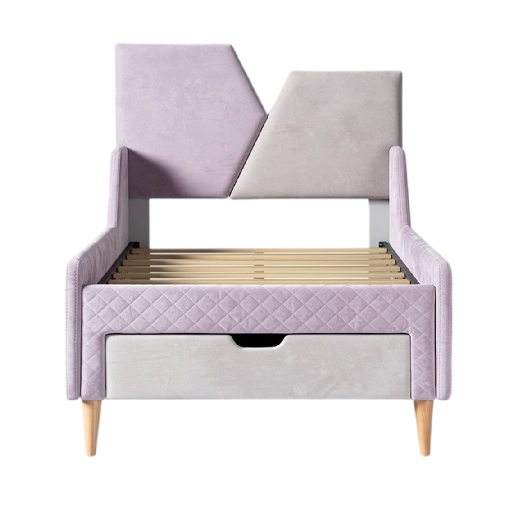 **Technische titel in het Nederlands: Moderne kinderbed met geometrisch ontwerp en opberglade**