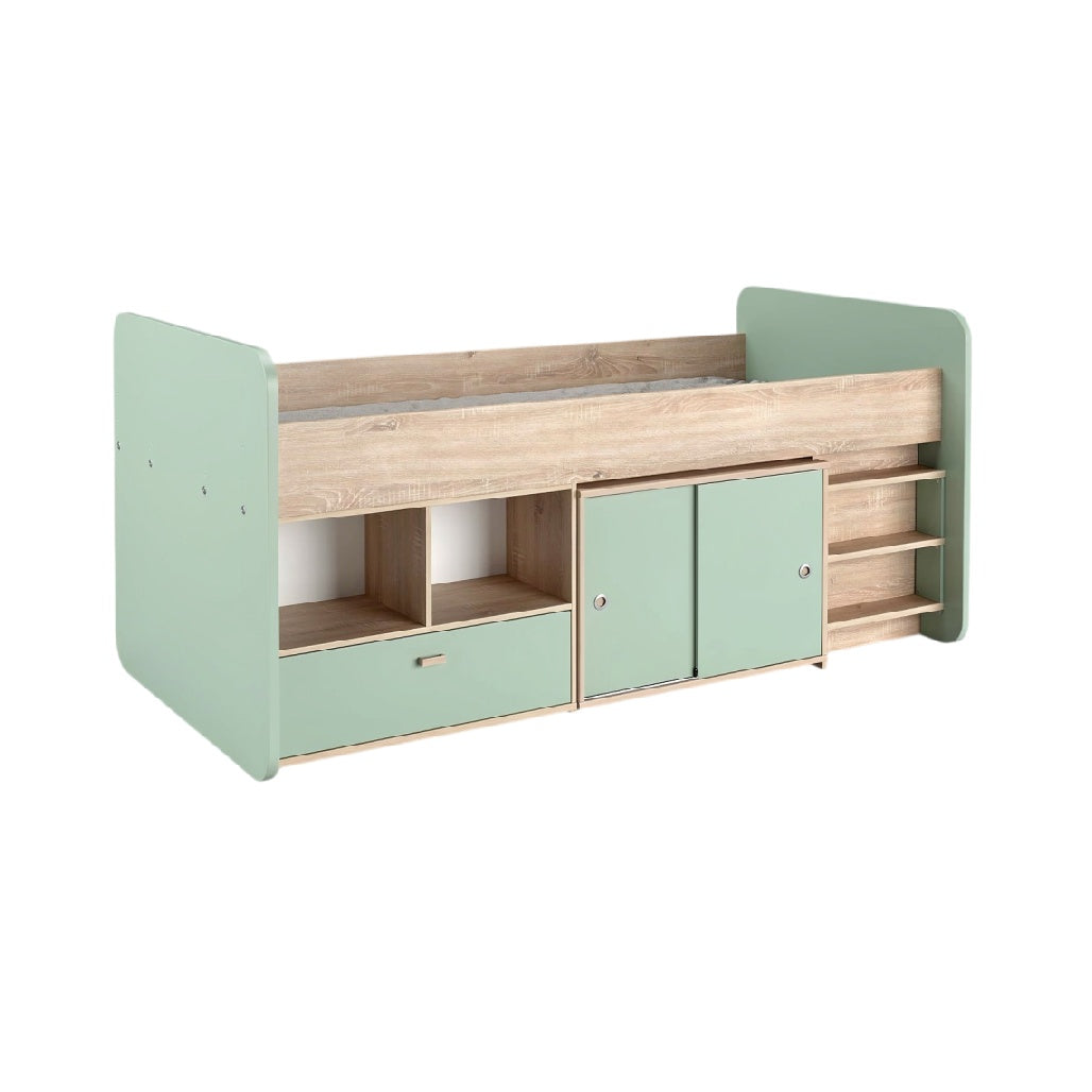 **Technische Titel in het Nederlands:** 'Modulaire Kinderbed met Opslagruimte in Groene en Houten Afwerking'